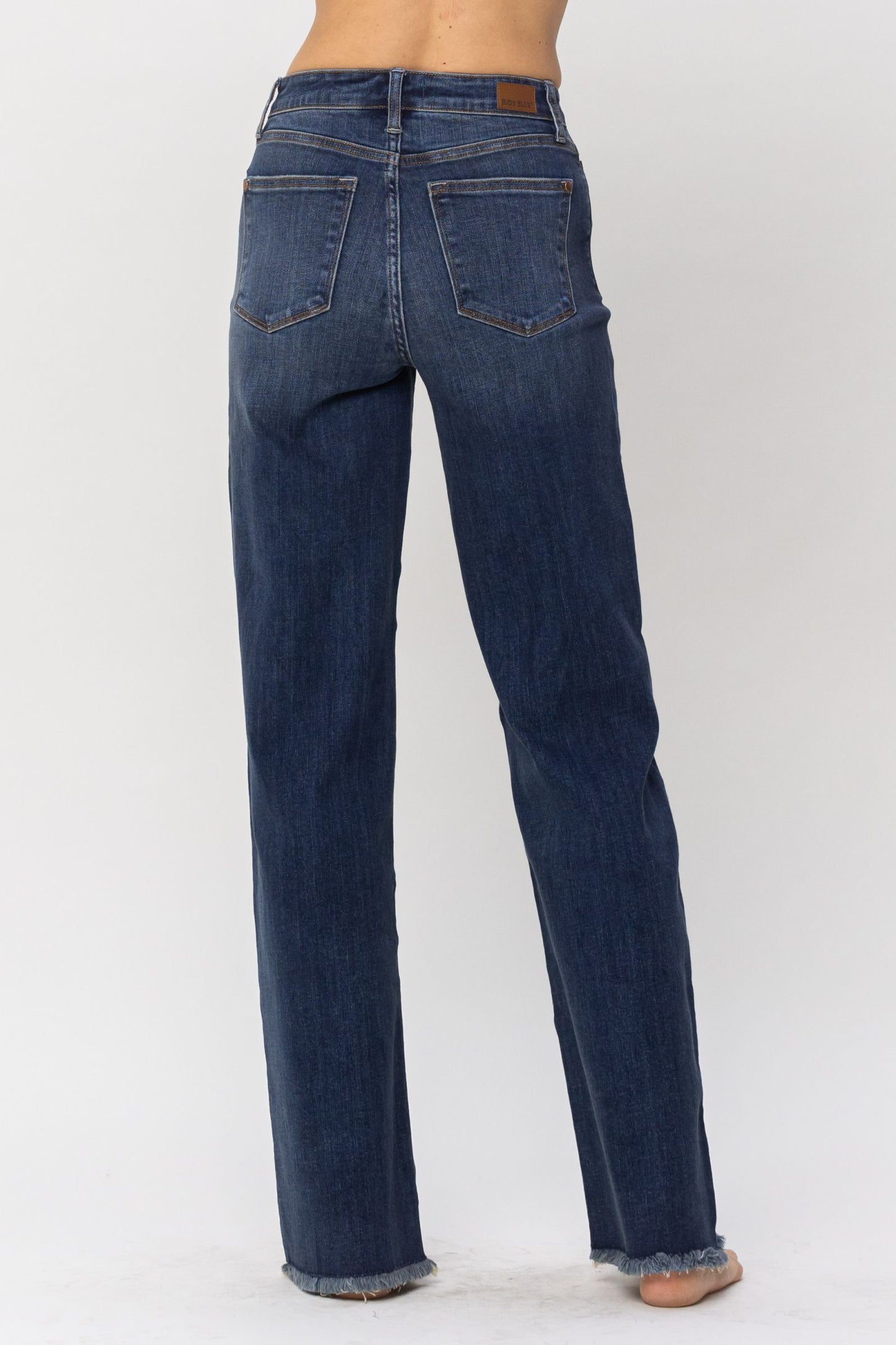 Judy Blue® Dark Wash Button Fly Jeans With Fray Edge on Leg