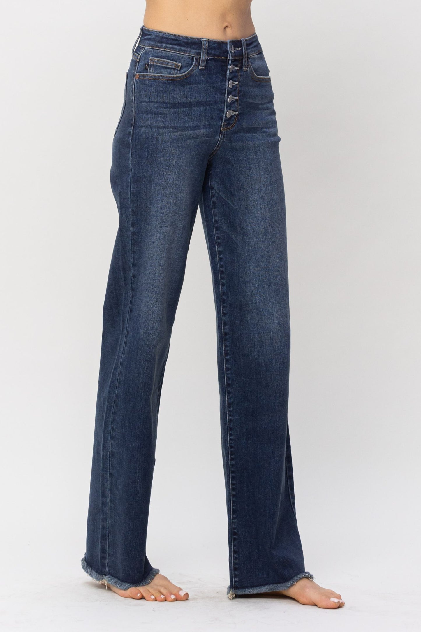 Judy Blue® Dark Wash Button Fly Jeans With Fray Edge on Leg