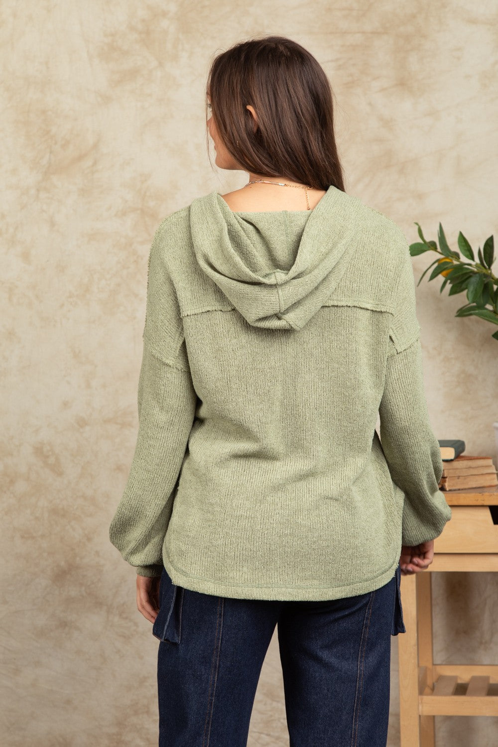 Button Down Hooded Knit Henley Top- Sage