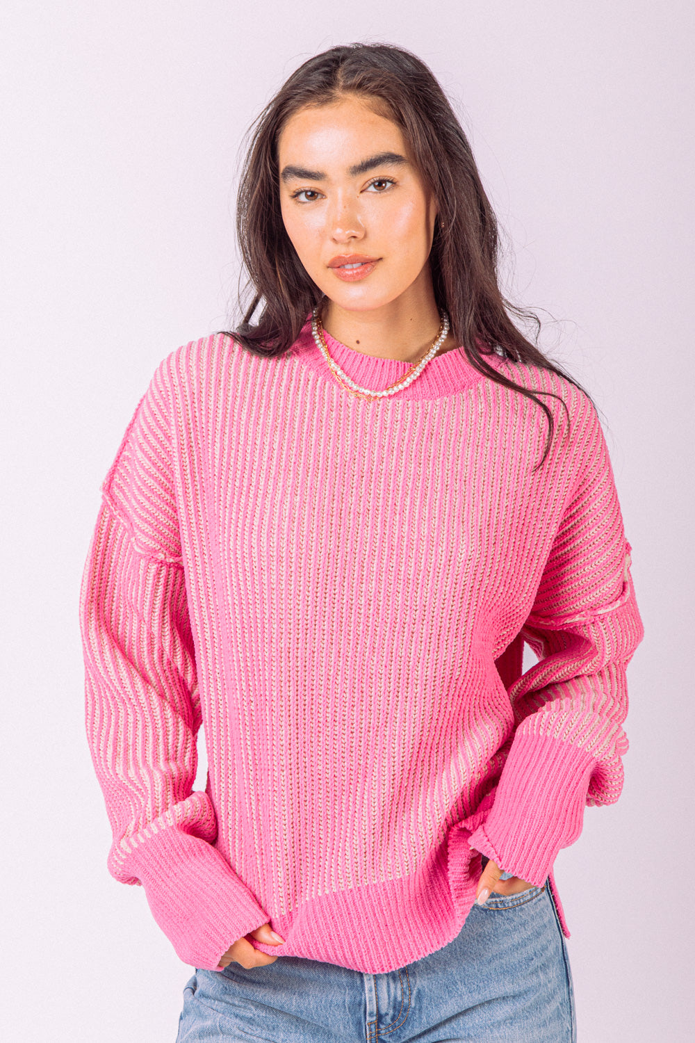 Two-Tone Casual Knit Sweater-Hot Pink