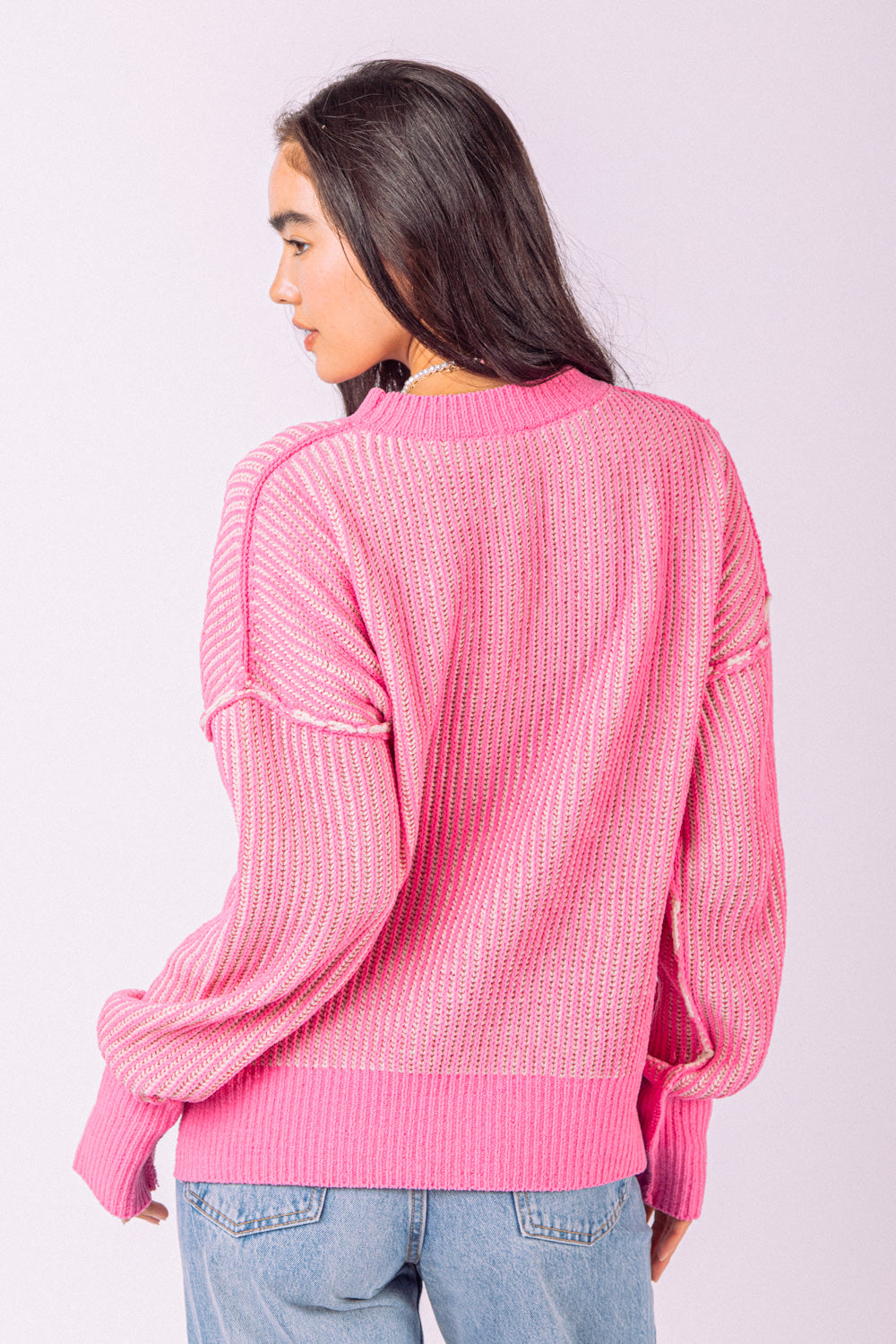 Two-Tone Casual Knit Sweater-Hot Pink