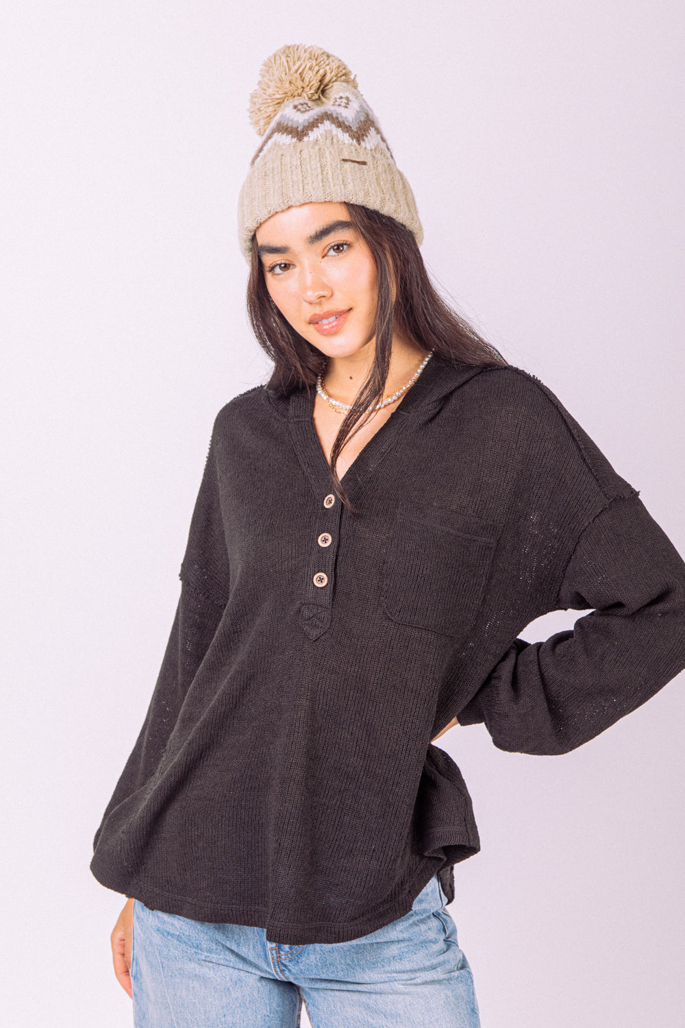 Button Down Hooded Knit Henley Top- Black