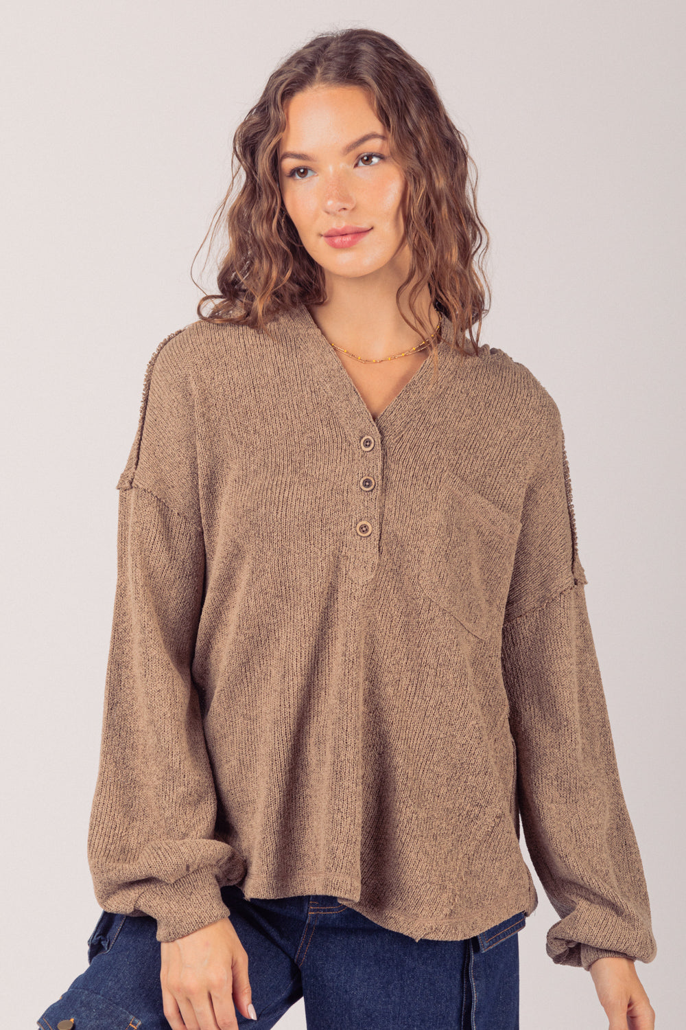 Button Down Hooded Knit Henley Top- Mocha