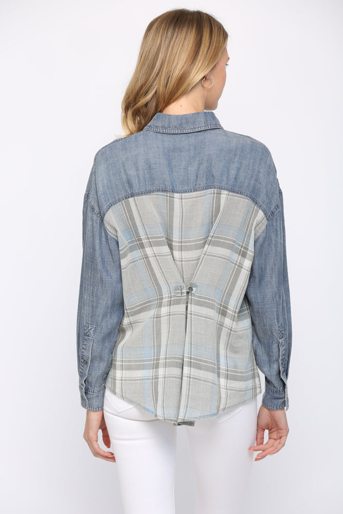 FATE® Tencel Denim Contrast Shirt with Back Gathering- Plaid