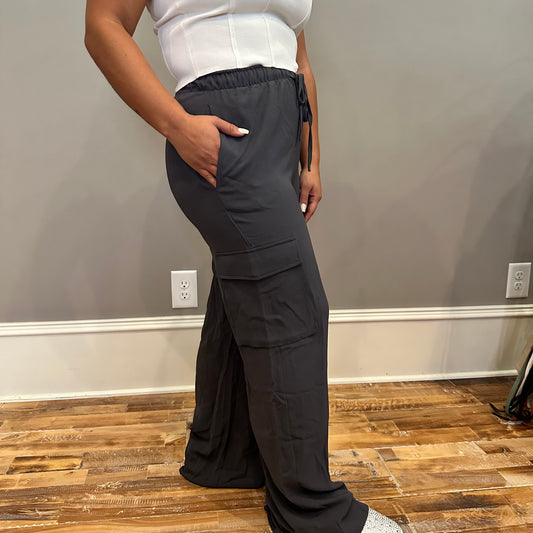Wide Leg Cargo Pants With Front Tie & Pockets