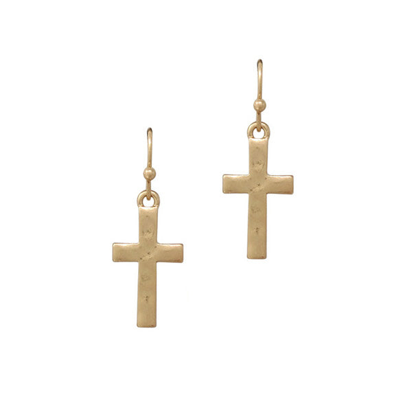 Good Feel® Small Hammered Metal Cross Earrings- Worn Gold