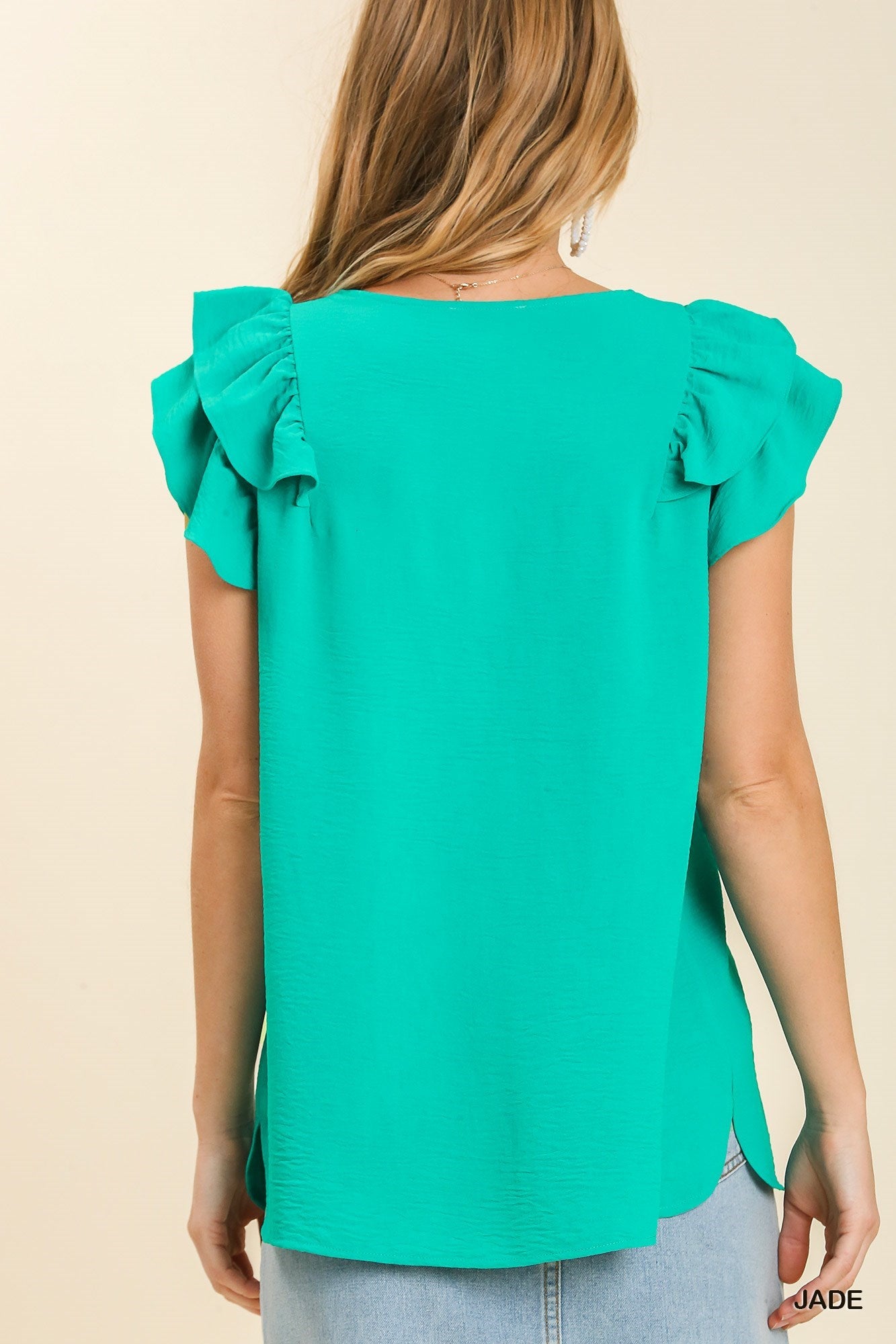 Umgee® V-Neck Double Layered Flutter Sleeve Blouse with No Lining