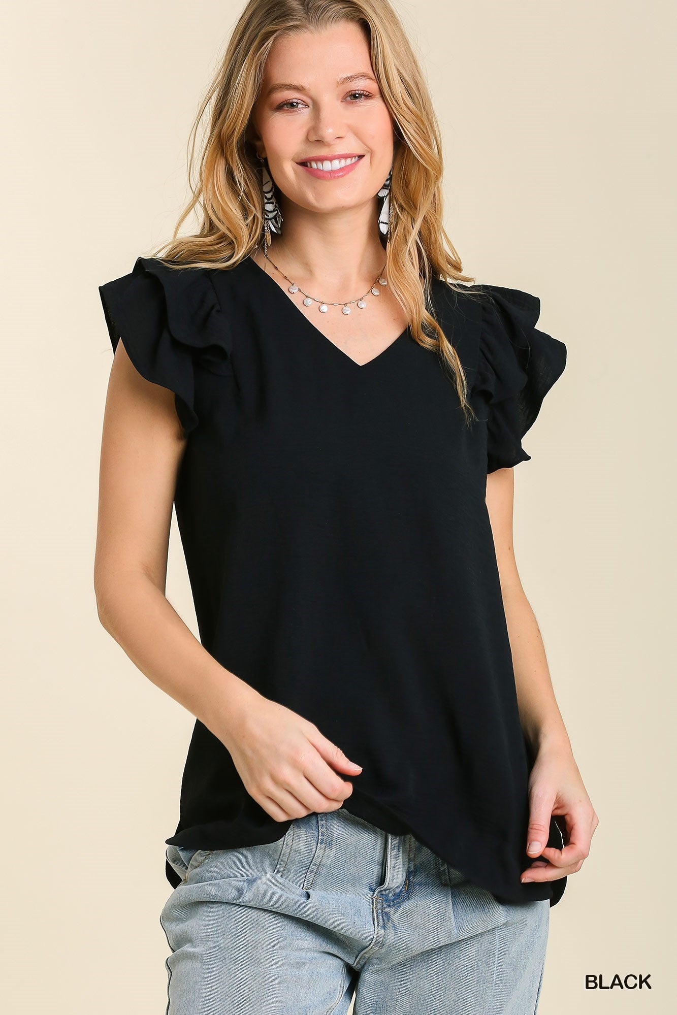 Umgee® V-Neck Double Layered Flutter Sleeve Blouse with No Lining