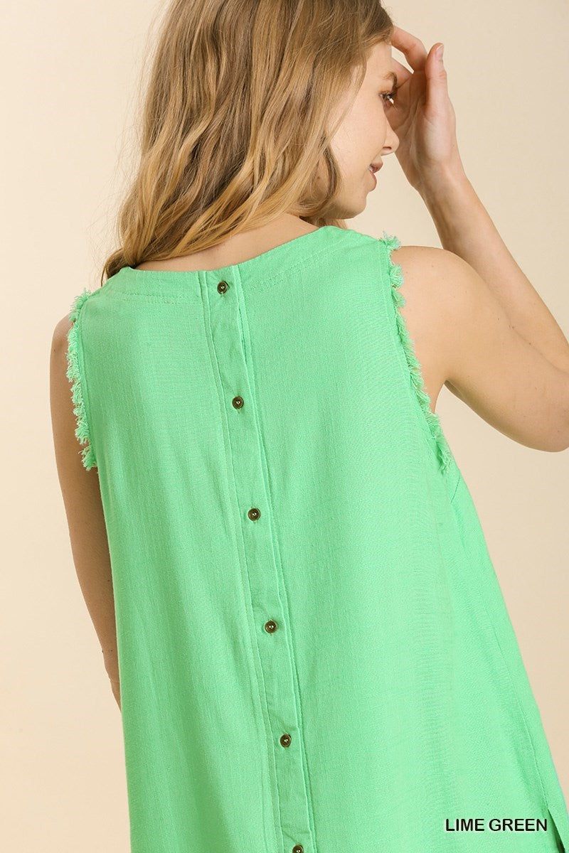 UMGEE® Sleeveless Button-Back Top with Frayed Hem