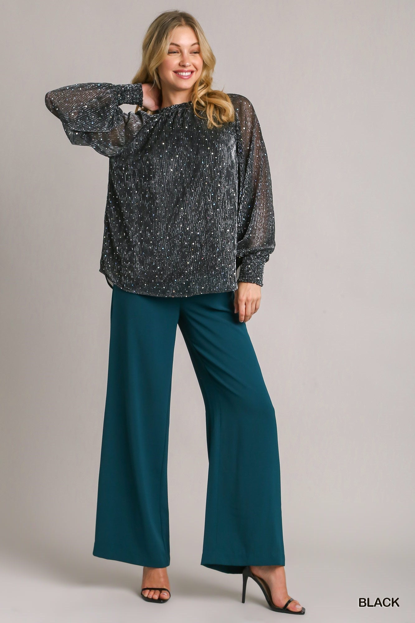 Pleated Shimmer Top with Ruffle Neckline