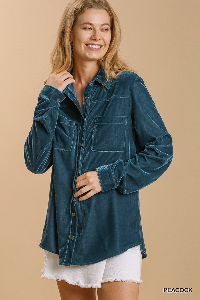 Umgee® Long Sleeve Velvet Button Up Top with Pockets