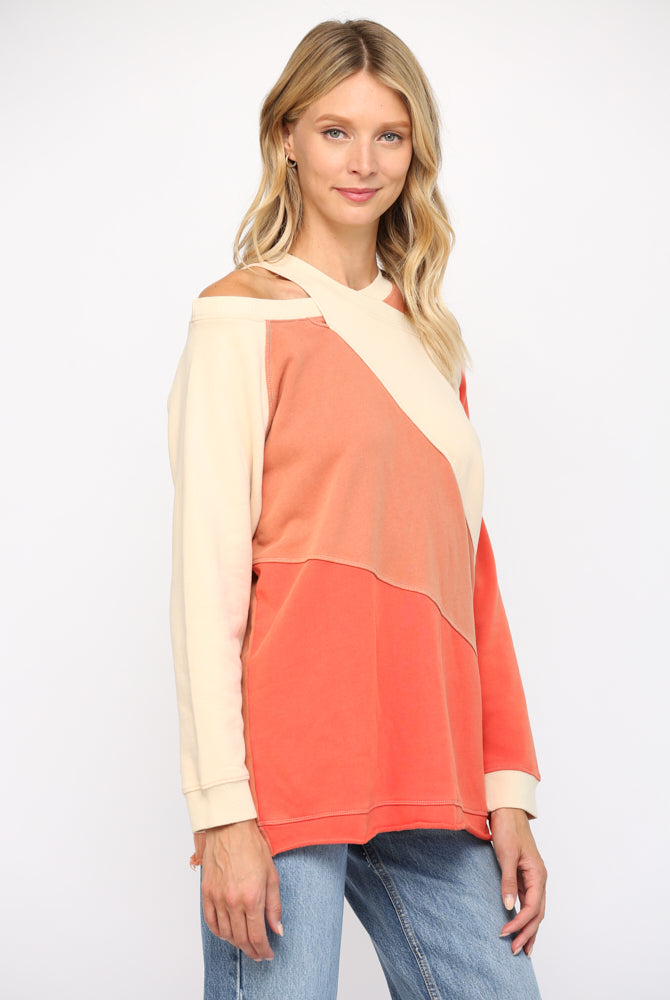 FATE® Washed Cotton Color Block Cold Shoulder Tunic Top