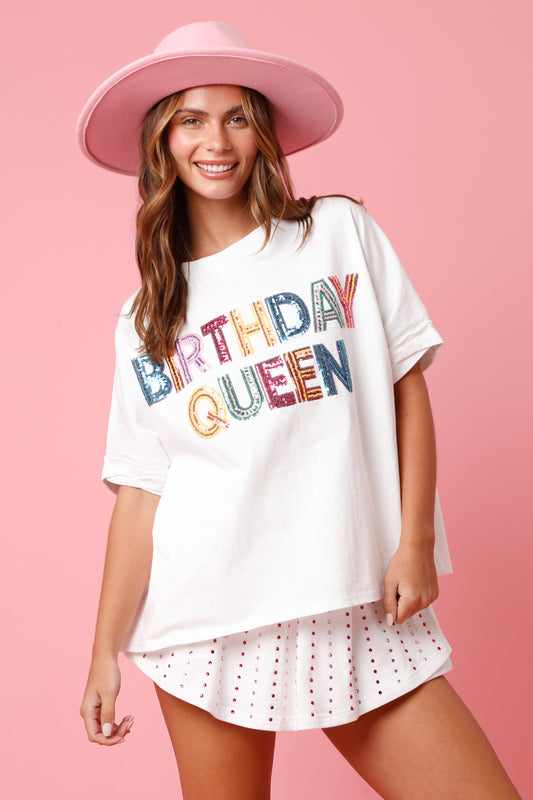 "Birthday Queen" Sequin loose Fit Tee- White