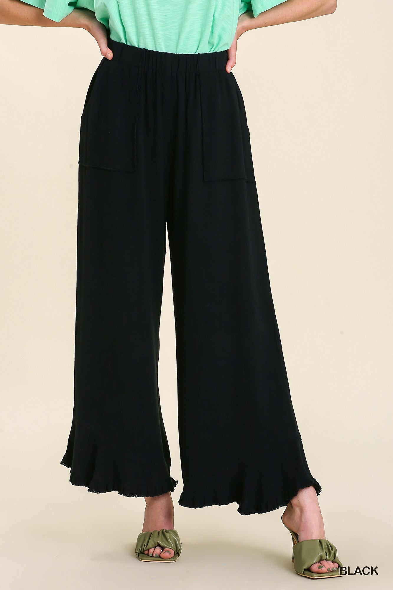 Linen Wide Frayed Hem with Ruffle Pants