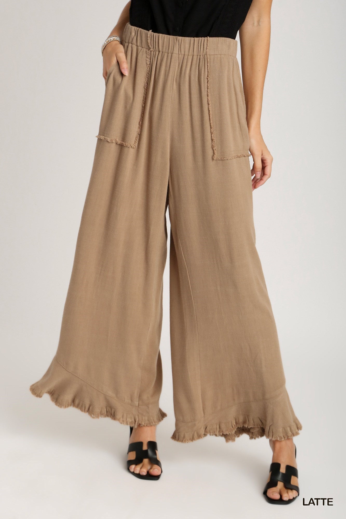 Linen Wide Frayed Hem with Ruffle Pants