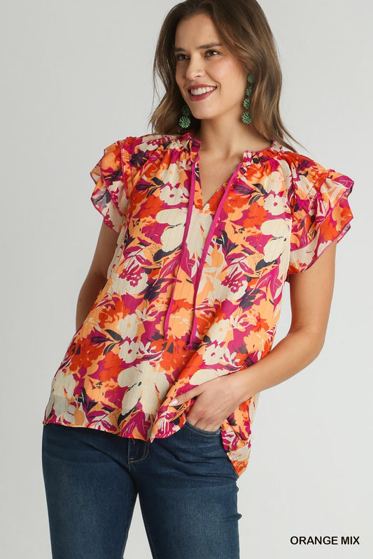 "Blooming Babe" Front Tie Blouse- Orange Mix