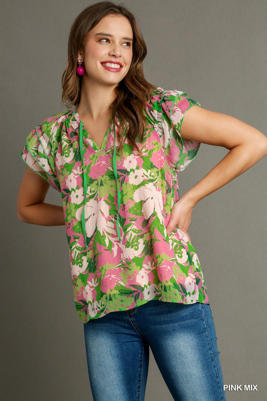 "Blooming Babe" Front Tie Blouse- Pink Mix