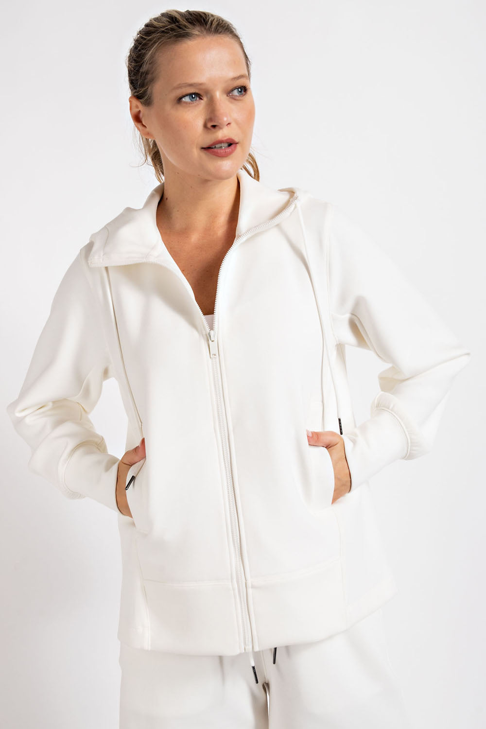Rae Mode® Ponti Zippered Hoodie Jacket- White