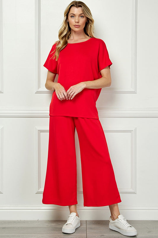 "Basic Life" Soft Cropped Wide Pants-Red