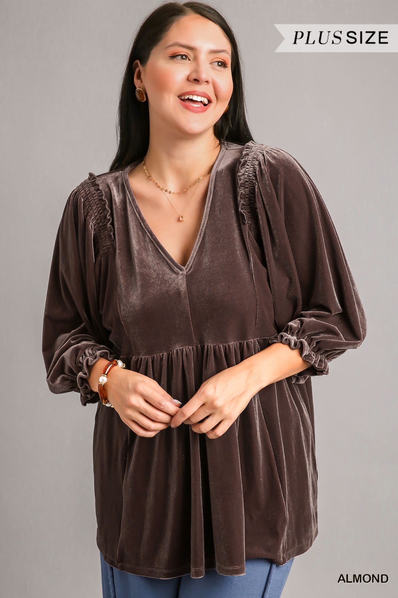 Umgee® Velvet Long Sleeve Smoked Detail Tunic Dress