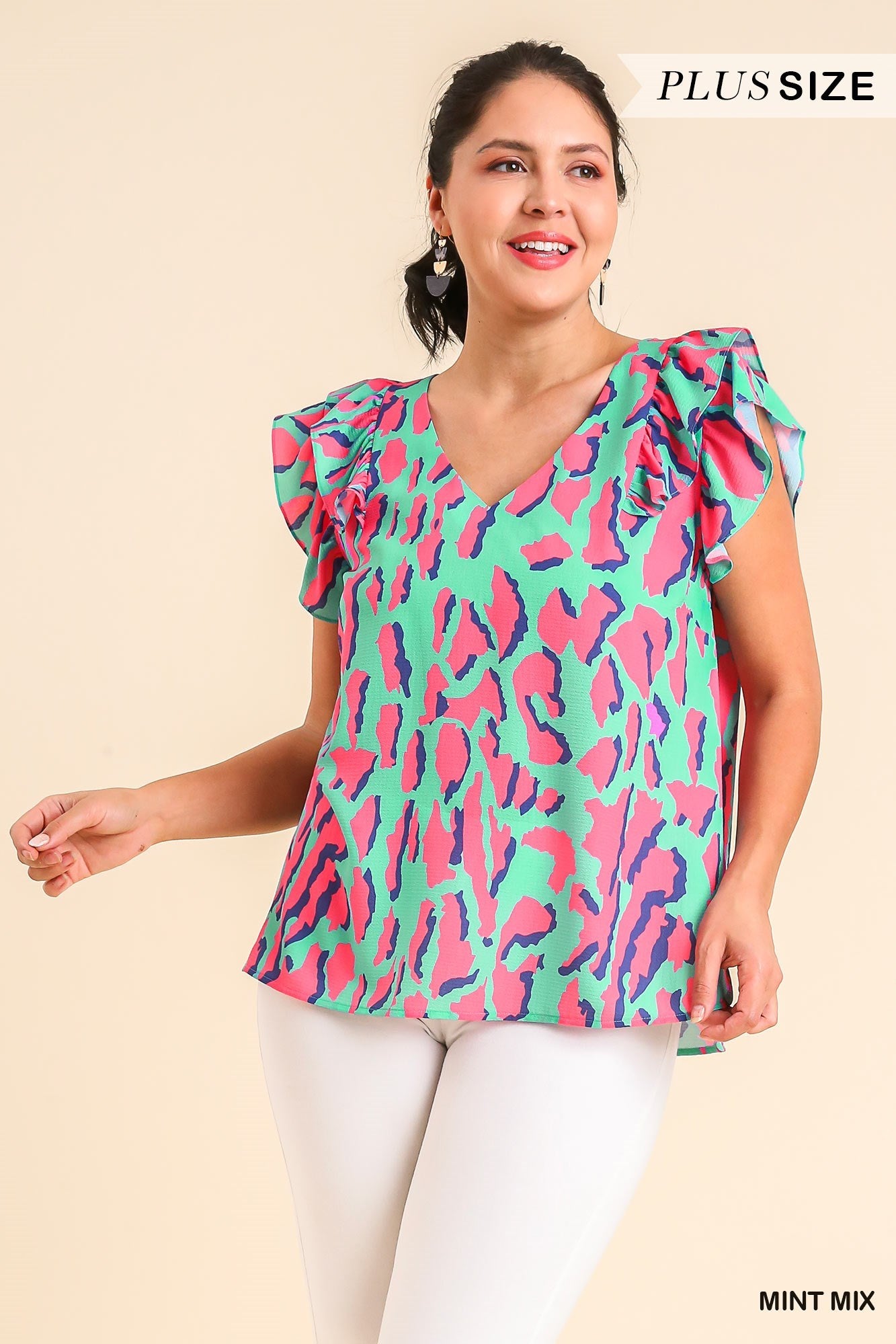 Umgee- Abstract Print Top With Ruffle Sleeve- Hot Pink/Teal
