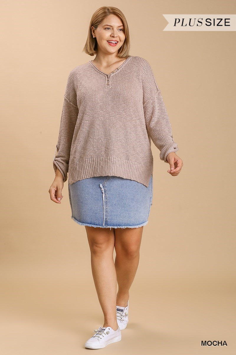 UMGEE® V-Neck Knitted Pullover Sweater - Mocha (Plus)