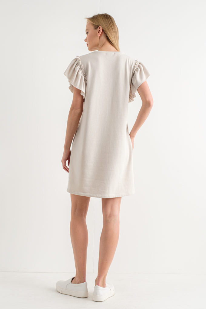 Ruffle Sleeve Dress With Pockets Available in Black & Oat