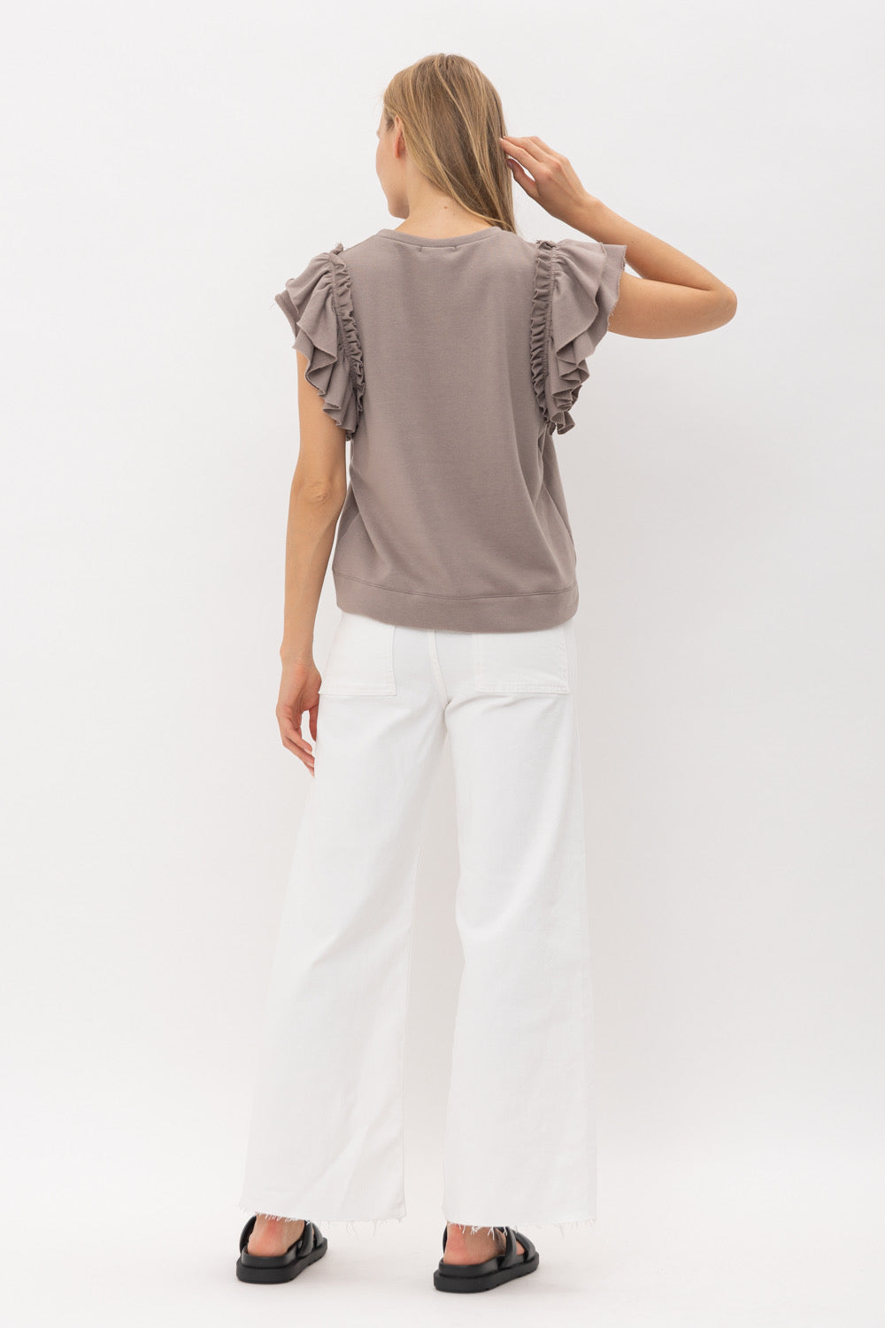 French Terry Ruffle Shoulder Sleeveless Top 3 colors Available