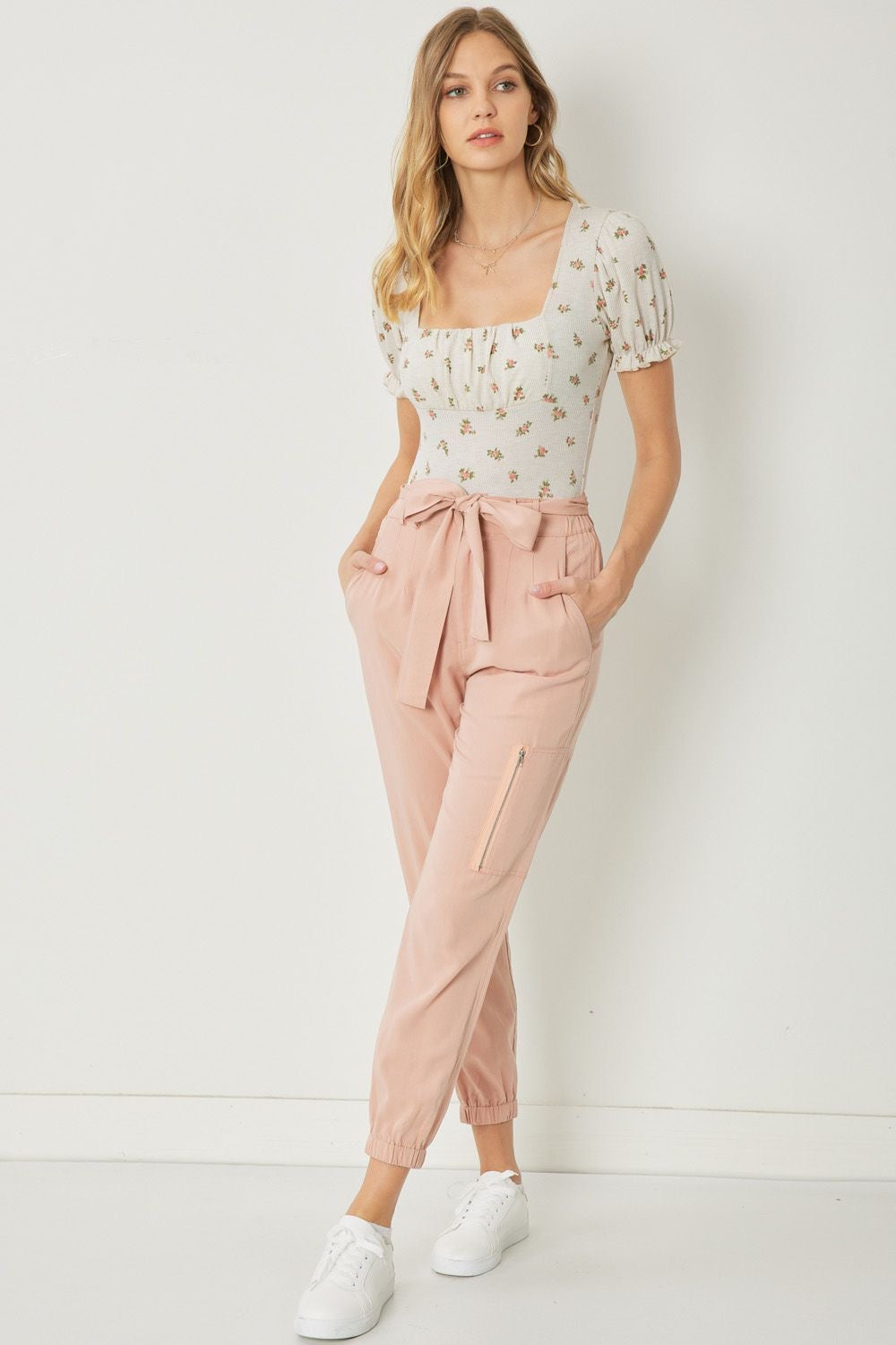 Entro® Solid Jogger Pants With Front Tie & Pockets- Blush