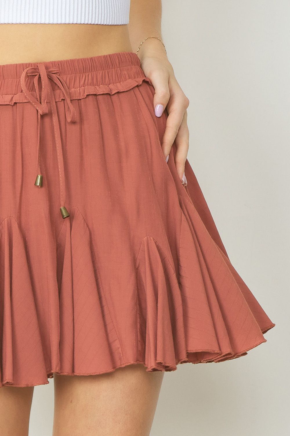 Entro® Godet Drawstring Skirt with Built in Shorts- Brick Red