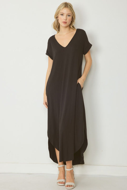 Jersey Knit Maxi Dress With Pockets & Rolled Sleeve Available in Small - 2XL