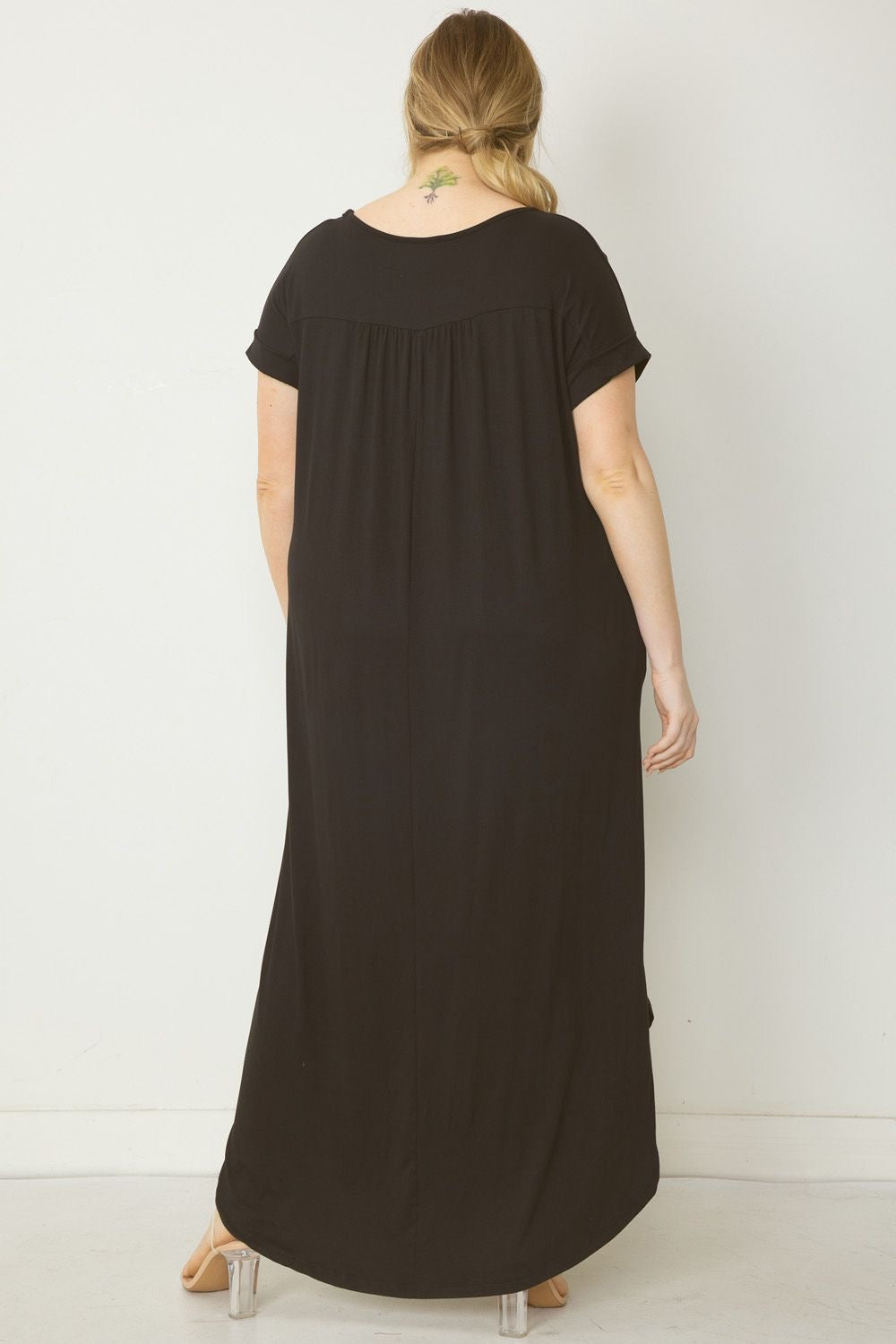 Jersey Knit Maxi Dress With Pockets & Rolled Sleeve Available in Small - 2XL