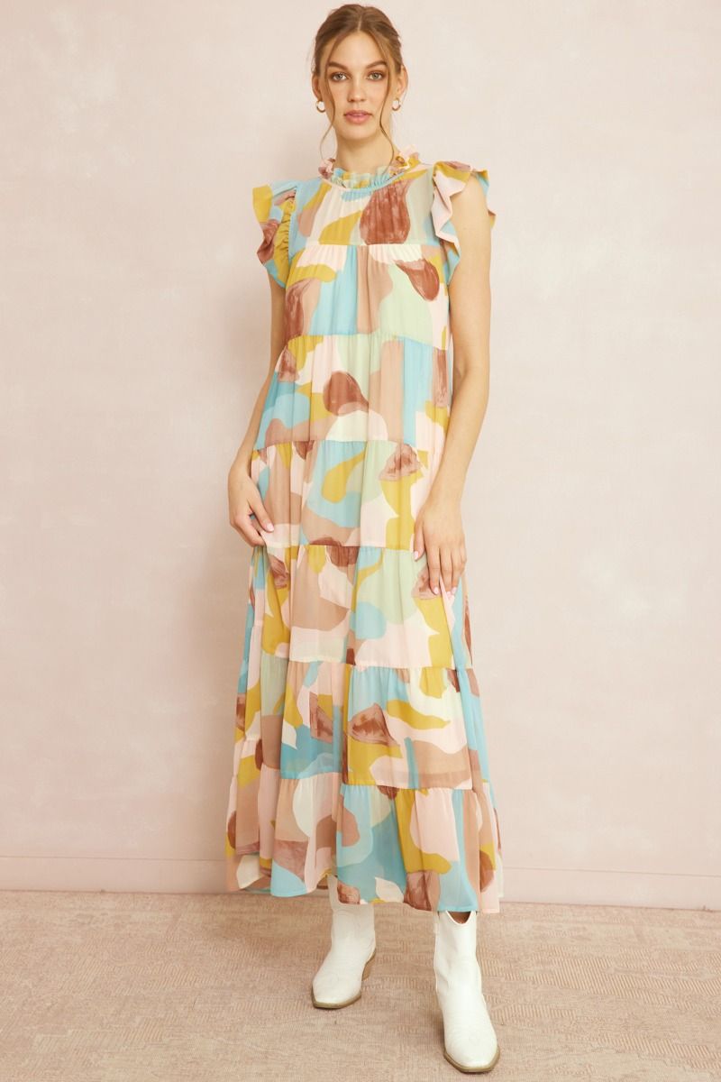 Entro® Watercolor Tiered Maxi Dress with POCKETS!!