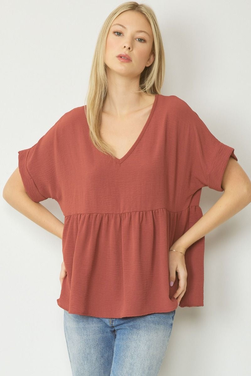Entro® V-Neck Baby Doll Top with Cuffed Sleeve Detail