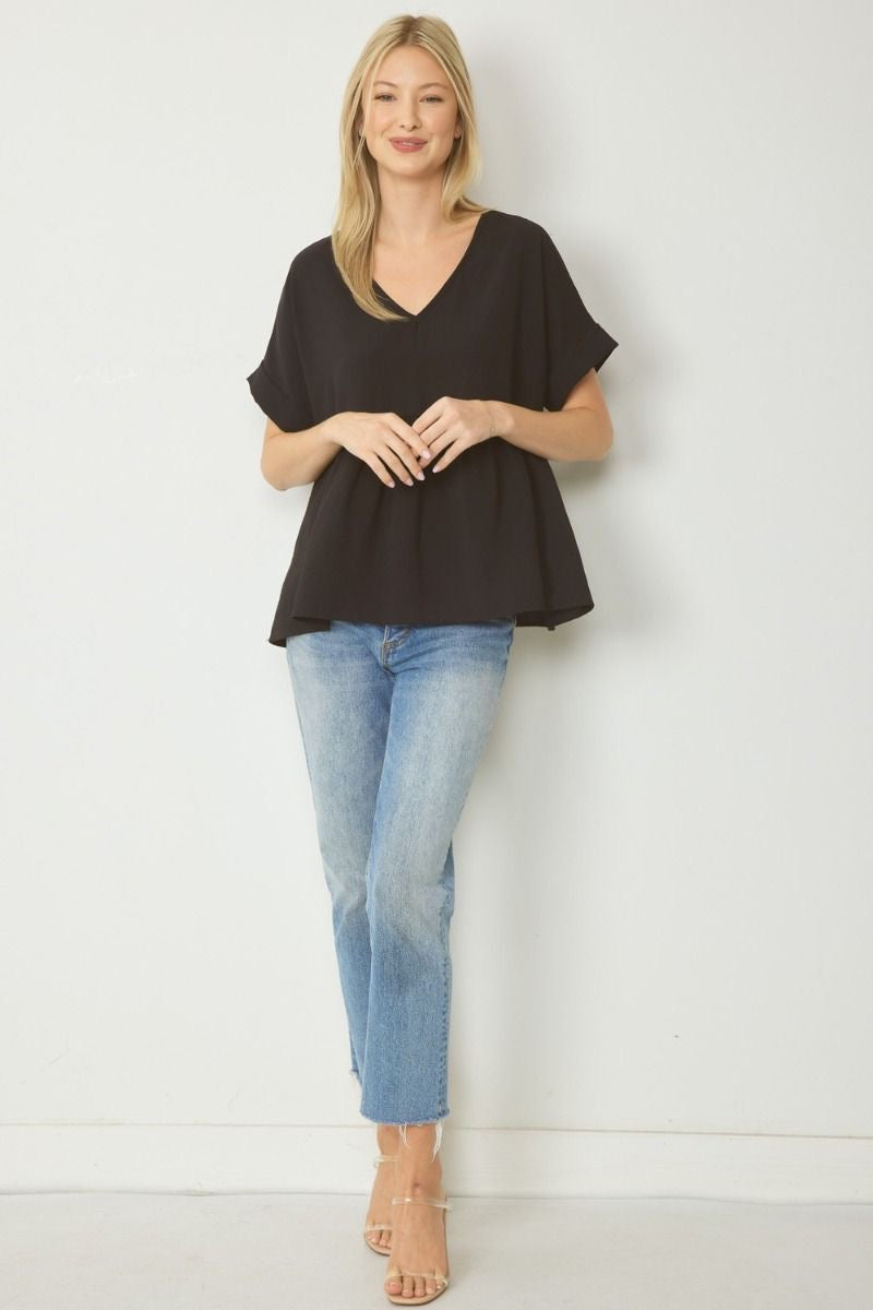 Entro® V-Neck Baby Doll Top with Cuffed Sleeve Detail
