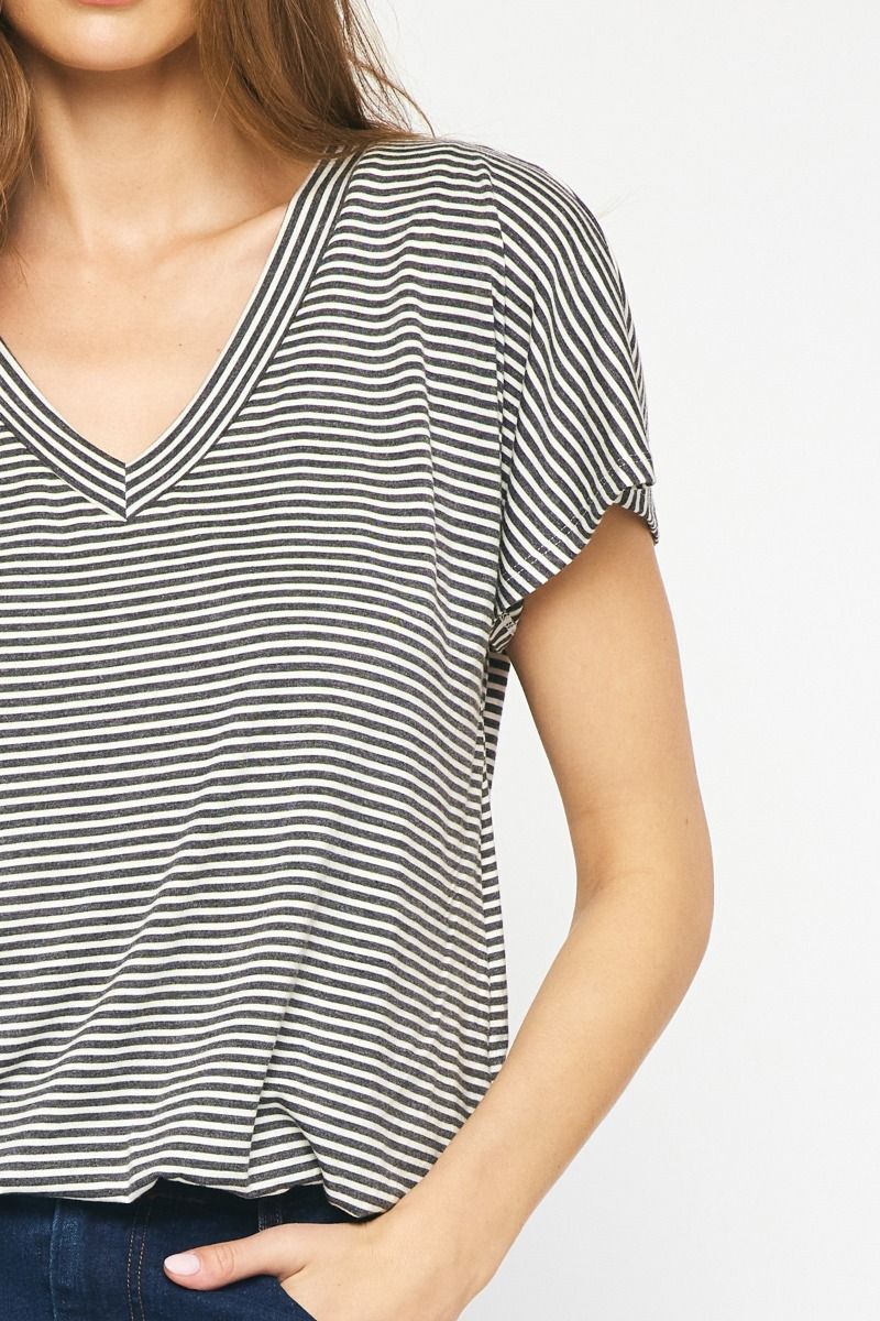 Entro® Gathered Hem Short Sleeve Shirt- Charcoal Stripes