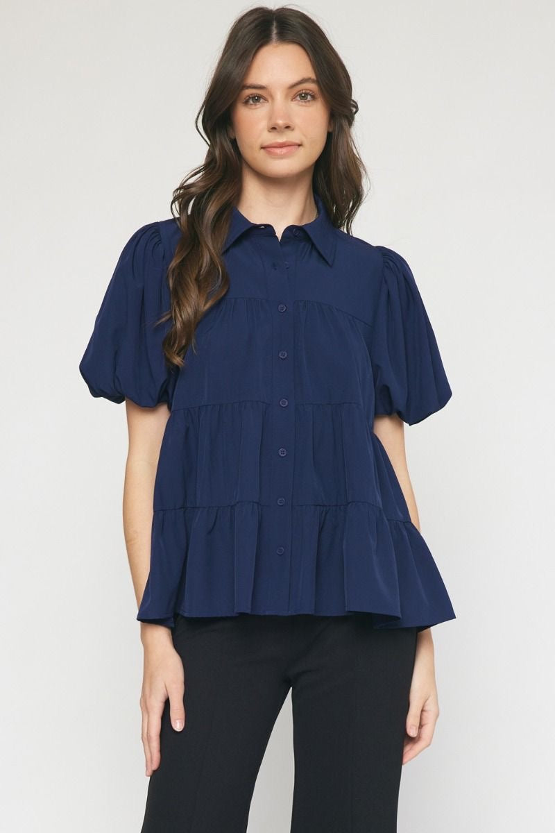 Entro® Collared Button Up Tiered Top With Puff Sleeves