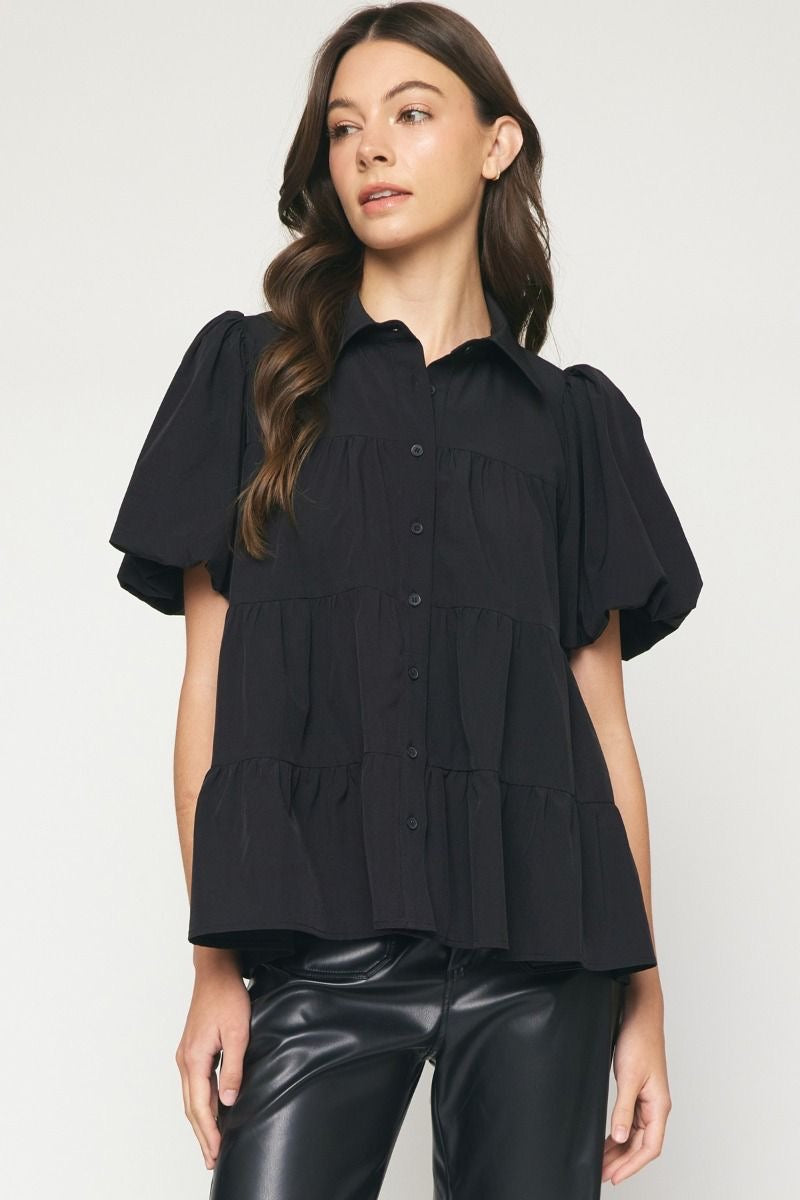 Entro® Collared Button Up Tiered Top With Puff Sleeves