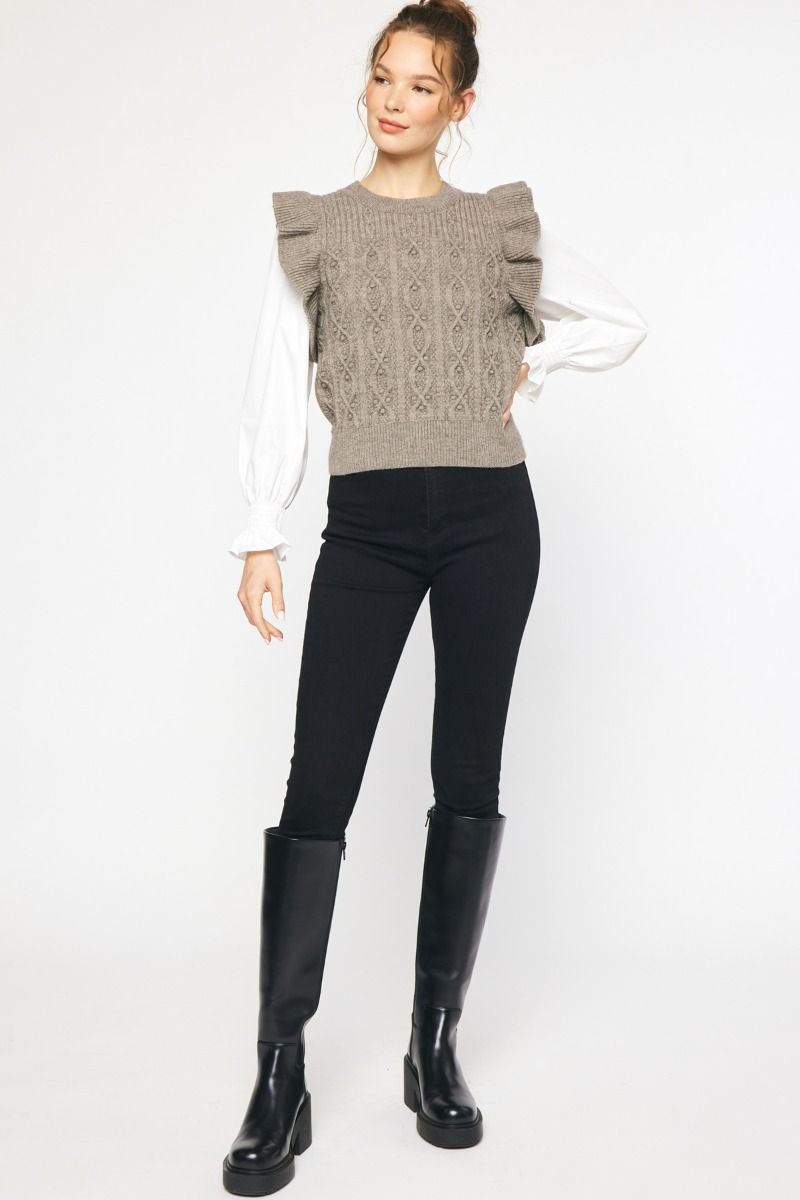 Textured Round Neck Sweater with Ruffle Details- Available in 2 Colors