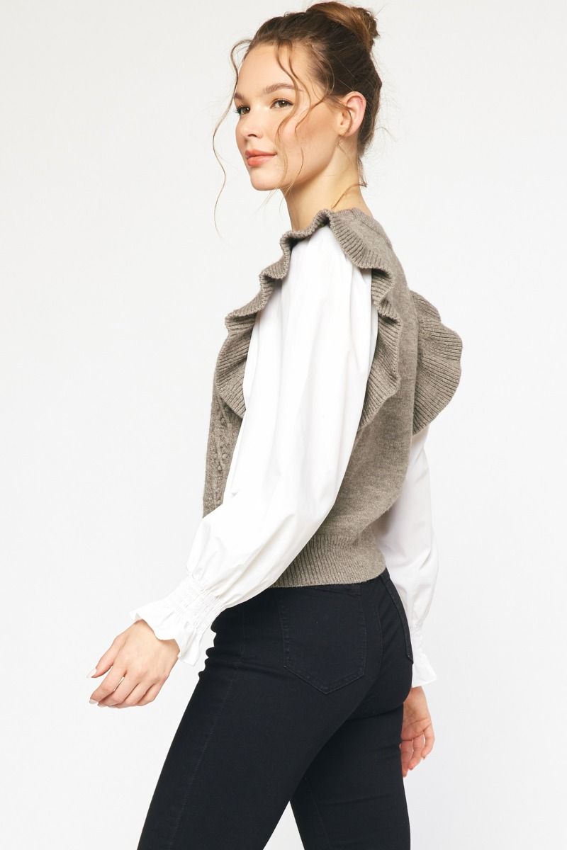 Textured Round Neck Sweater with Ruffle Details- Available in 2 Colors