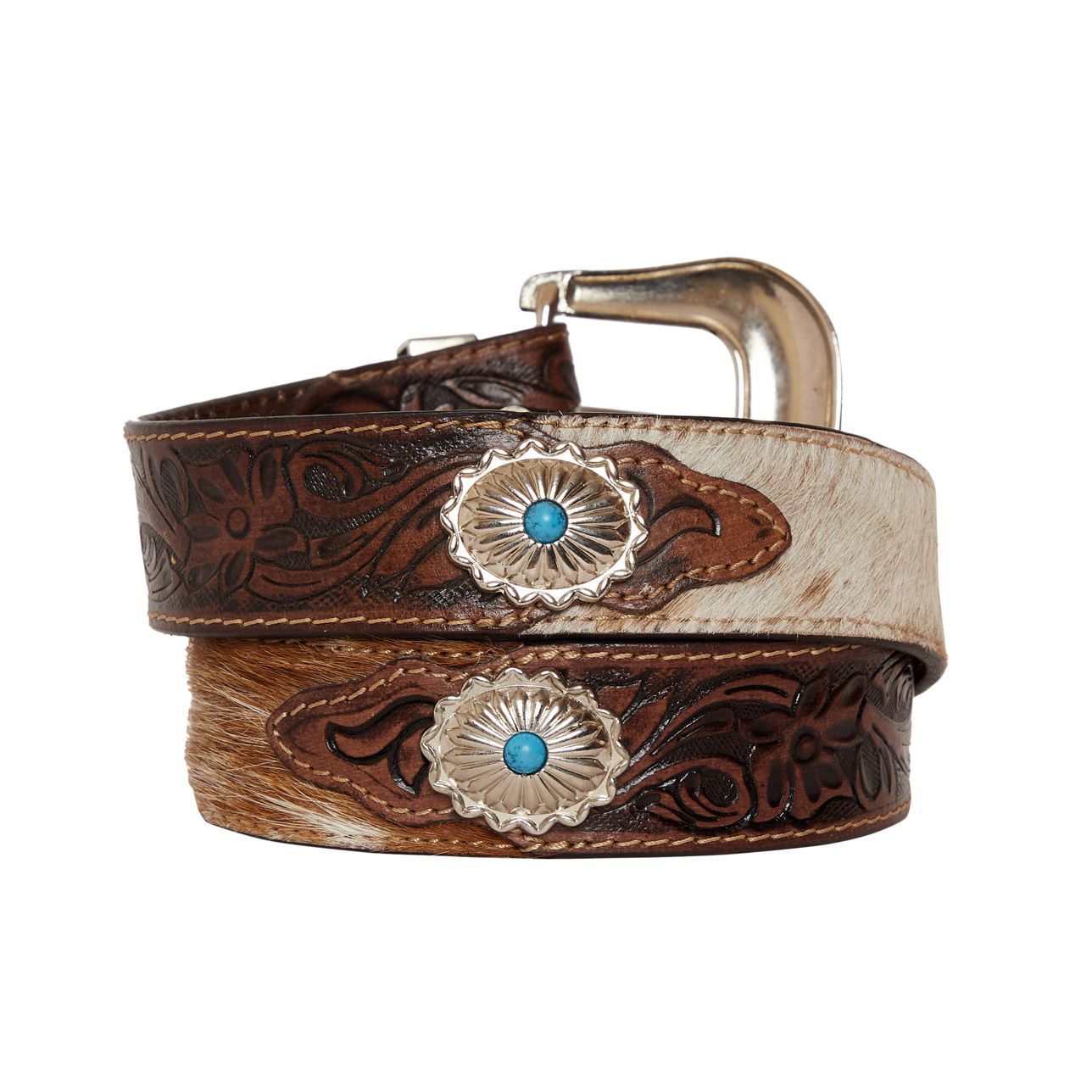 Myra- Mirky Brown Hand Tooled Leather Belt- Brown, White & Teal