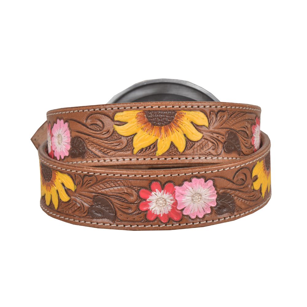 Myra- Bouquet Hand Tooled Leather Belt- Brown & Yellow
