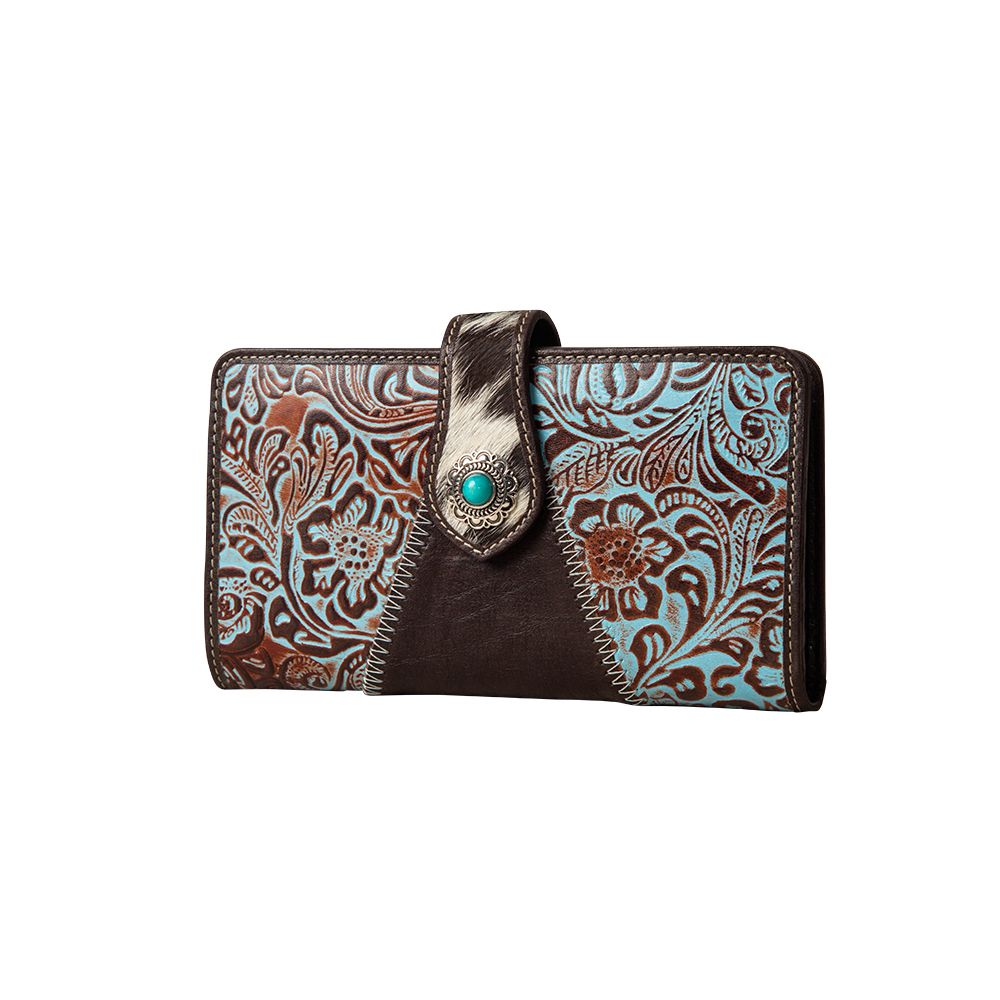 Myra- Pathflower Trail Wallet- Teal & Brown Leather