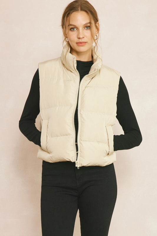 Cropped Puff Vest- Sand