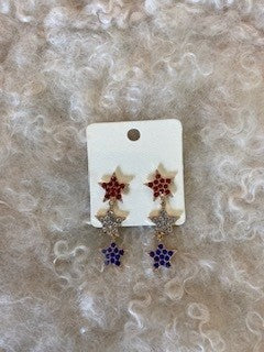 Patriotic Red, White & Blue Rhinestone STAR earrings- Gold tone