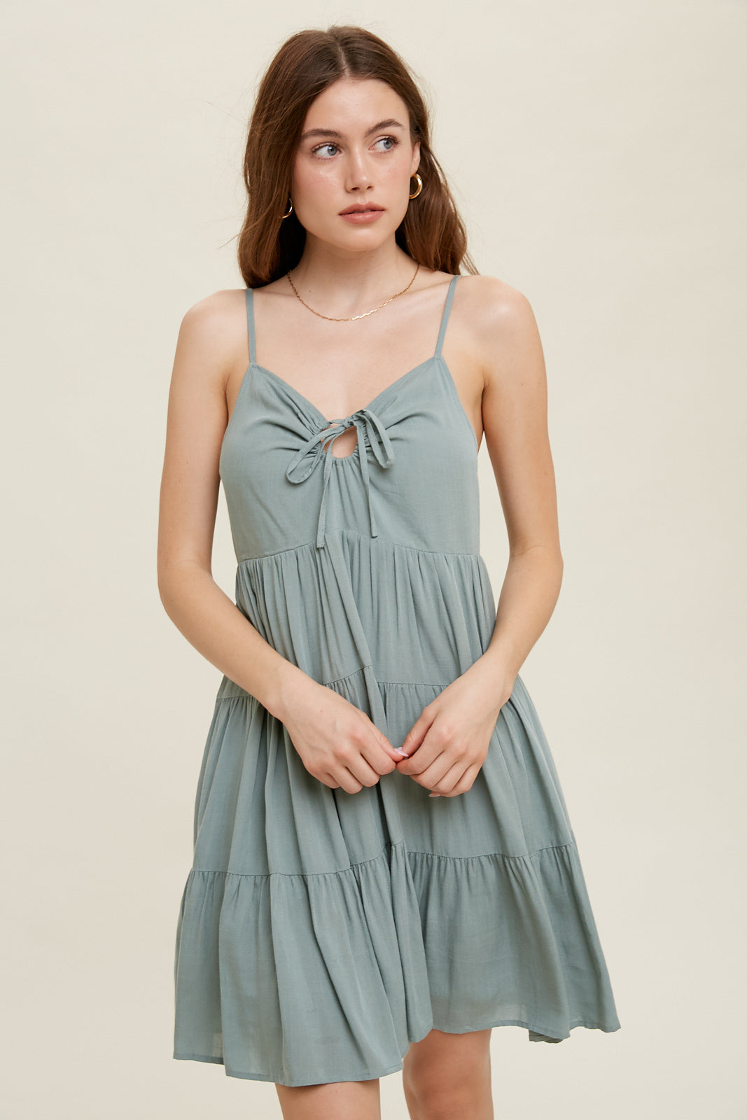 WISHLIST®- Tiered mini dress with front tie keyhole detail- D. SAGE