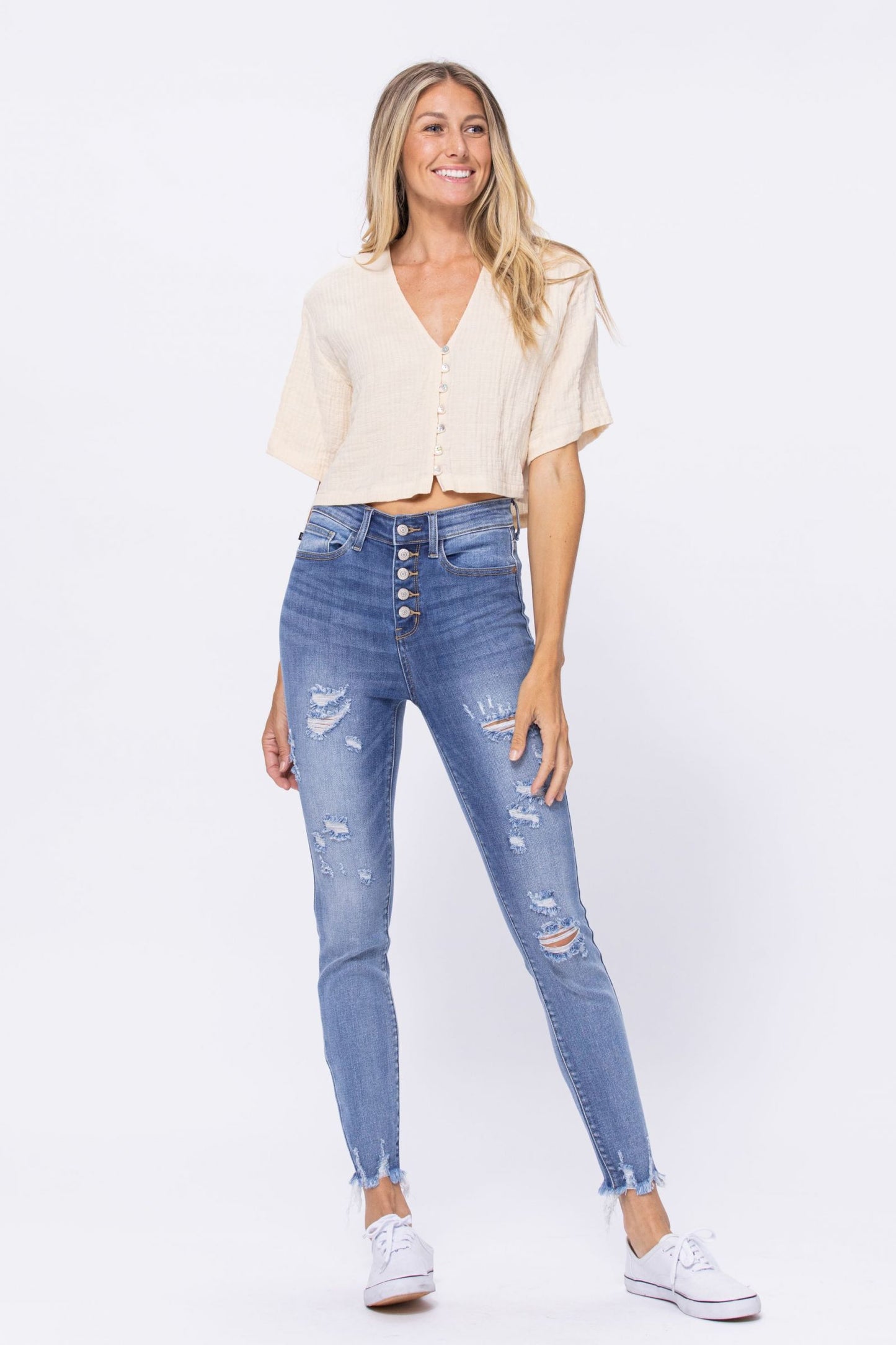 JUDY BLUE® HIGH WAIST DESTROYED BUTTON FLY SKINNY