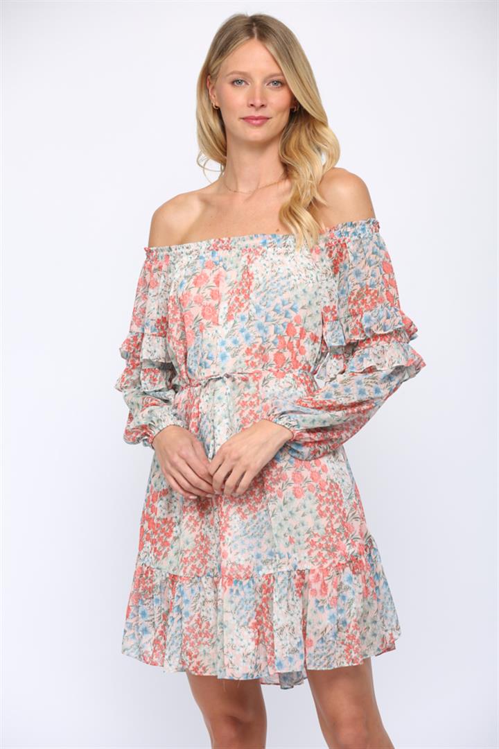 FATE® Floral Print off The Shoulder Ruffle Dress