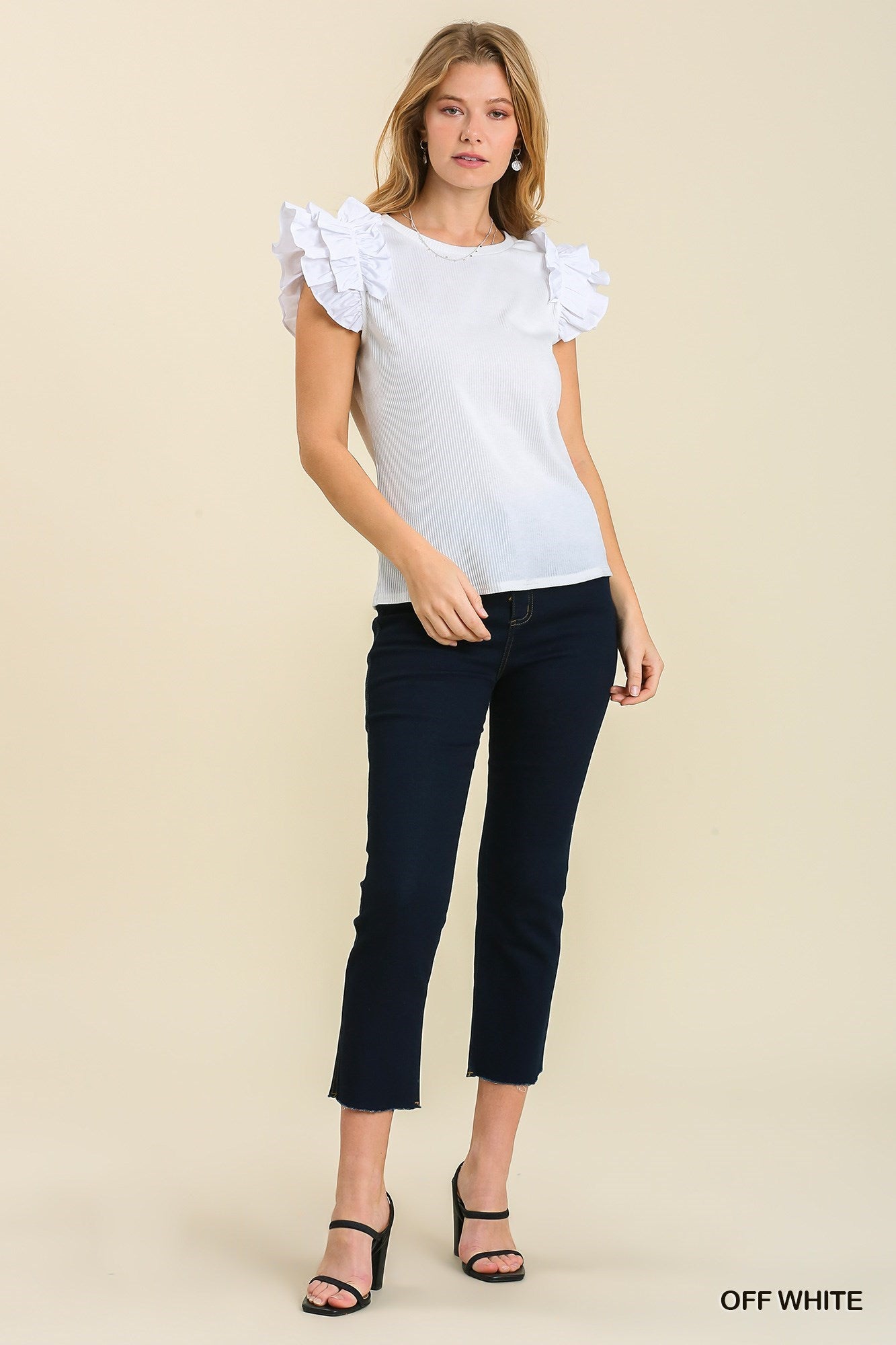 UMGEE® Ribbed Knit Top with Poplin Ruffle Sleeve - Off White
