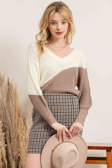 Blu Pepper® Asymmetrical Color Block Knit Sweater